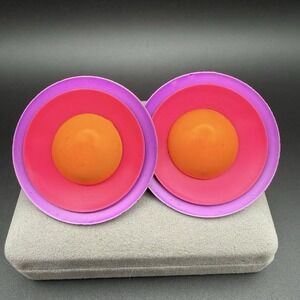 Vintage 80s Neon Color Block Disc Clip On Earrings Purple Pink Orange Statement